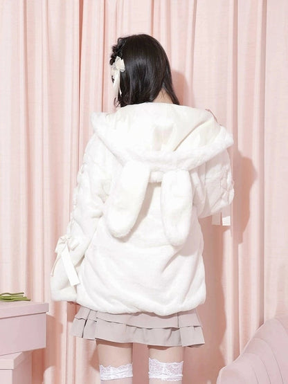 Sweet Jirai Kei Plush Bunny Ear Hooded Coat for Fall/Winter with Lace-Up Sleeves in Dusty Pink/White/Black