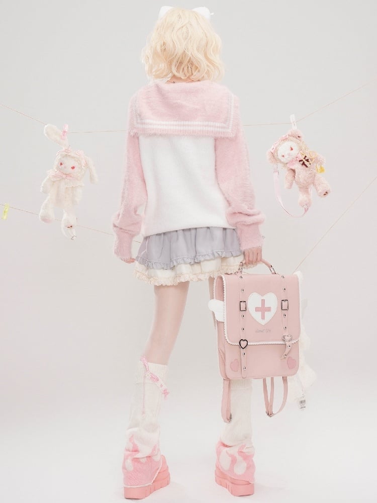 ライトブルー/ピンク/ブラック 自来也景 地雷ガールグラフィック セーラーカラーセーター