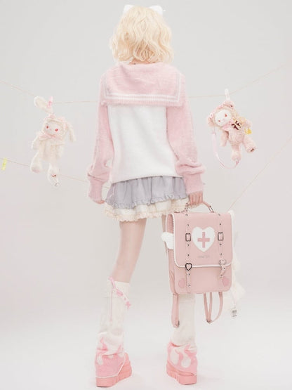 ライトブルー/ピンク/ブラック 自来也景 地雷ガールグラフィック セーラーカラーセーター