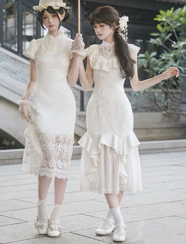 Rüschen Meerjungfrau Schmetterling Jacquard Trim Kleid Qi Qipao Lolita Kaskadenkragen