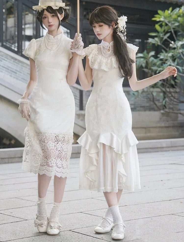 Trim Qi Jacquard Kleid Meerjungfrau Kragen Lolita Rüschen Cascading Butterfly Qipao