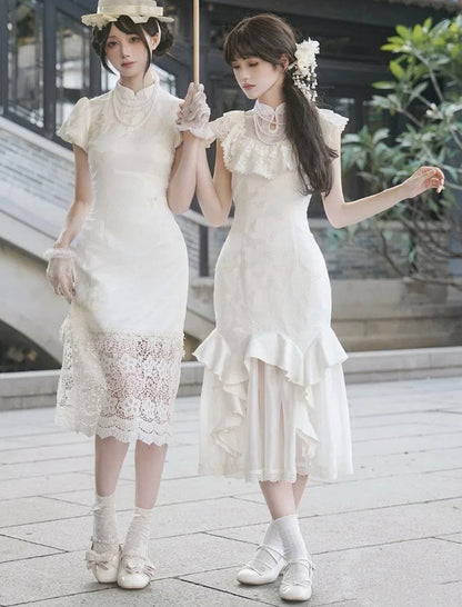 Trim Qi Jacquard Kleid Meerjungfrau Kragen Lolita Rüschen Cascading Butterfly Qipao