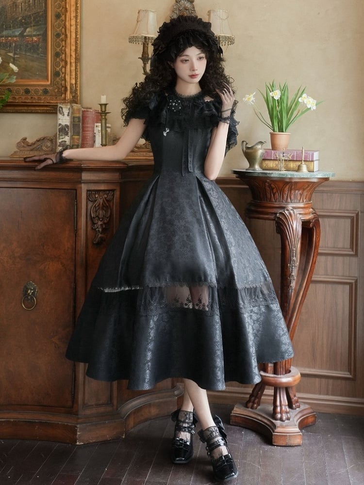 Neck Fabric Jacquard Halter Dress Full Rosette Black Set Illusion Elegant