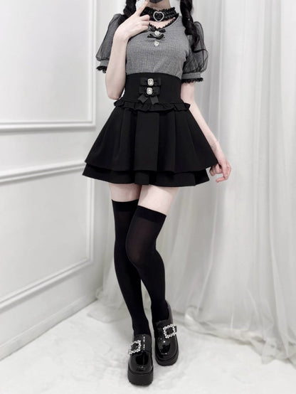 Decoration Choker Black Jirai Kei Blouse Design Bowknot and Rhinestone Houndstooth