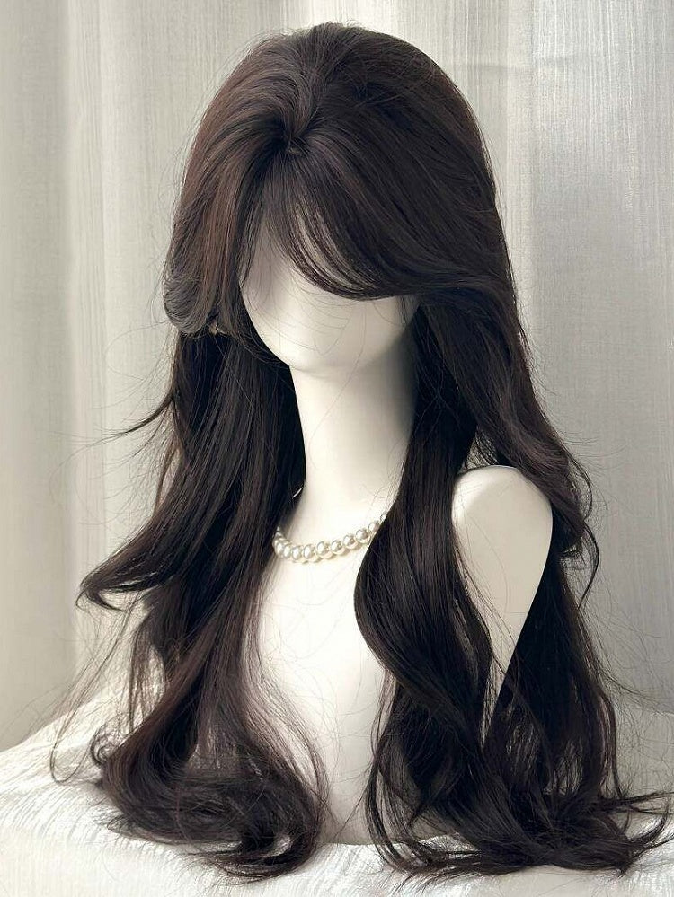 60cm Long Wavy Curly Wig in Black Tea with Curtain Bangs - Hui Ran