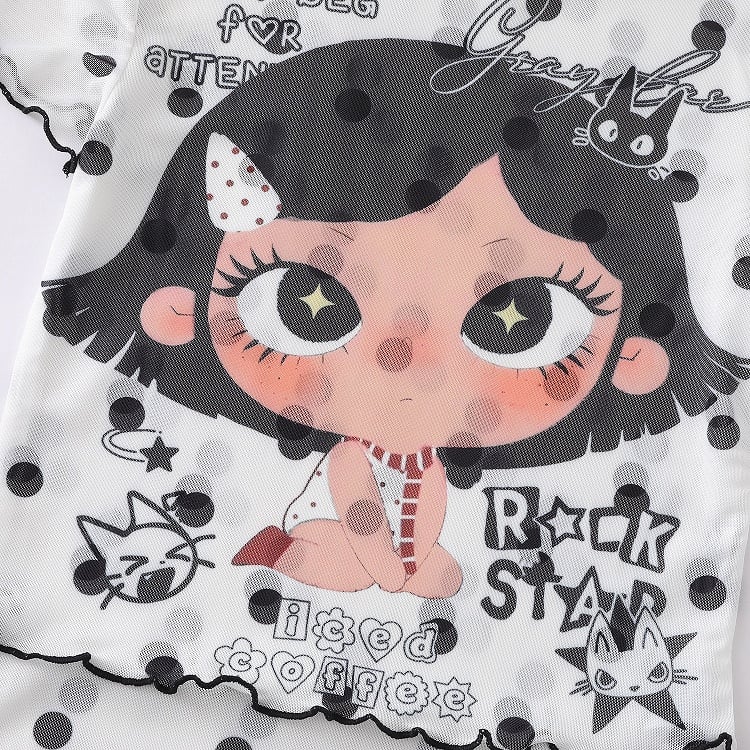 Cartoon Girl & Polka Dot Print White Mesh Short Sleeve T-Shirt - Languid Park