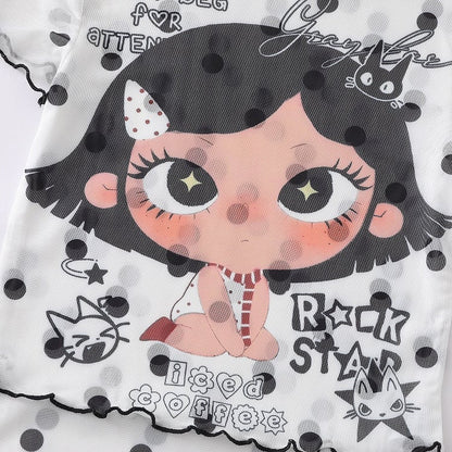 Cartoon Girl & Polka Dot Print White Mesh Short Sleeve T-Shirt - Languid Park