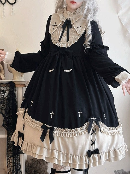 Plus Size Classic Gothic Lolita Long Sleeve Dress with Cross Embroidery & Bowknot Details - Versatile girl