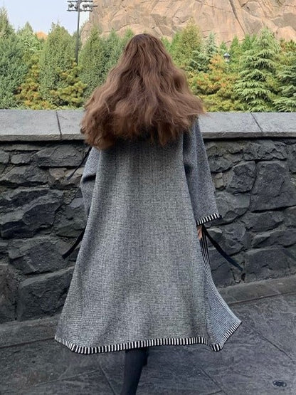 Cardigan Coat Tie-Front Closure Striped Bow Preppy Vintage with Gray Hooded