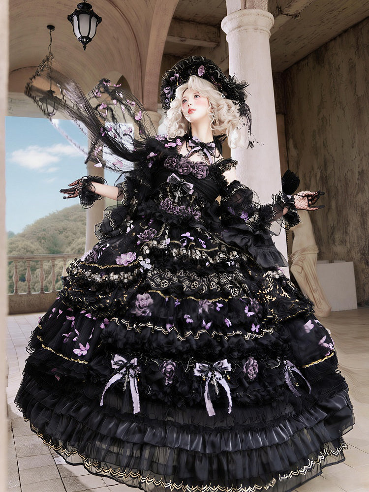 Floor-Length Black & Purple Hanayome Hime Dress with Butterfly and Flower Accents - Cat Fairy Lolita