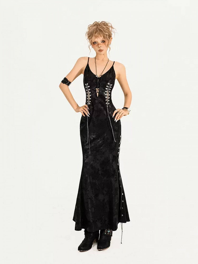 Black V-Neck Sleeveless Lace-Up Gothic Dress