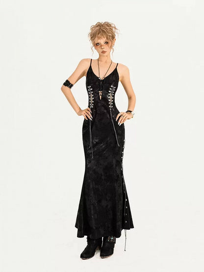 Black V-Neck Sleeveless Lace-Up Gothic Dress