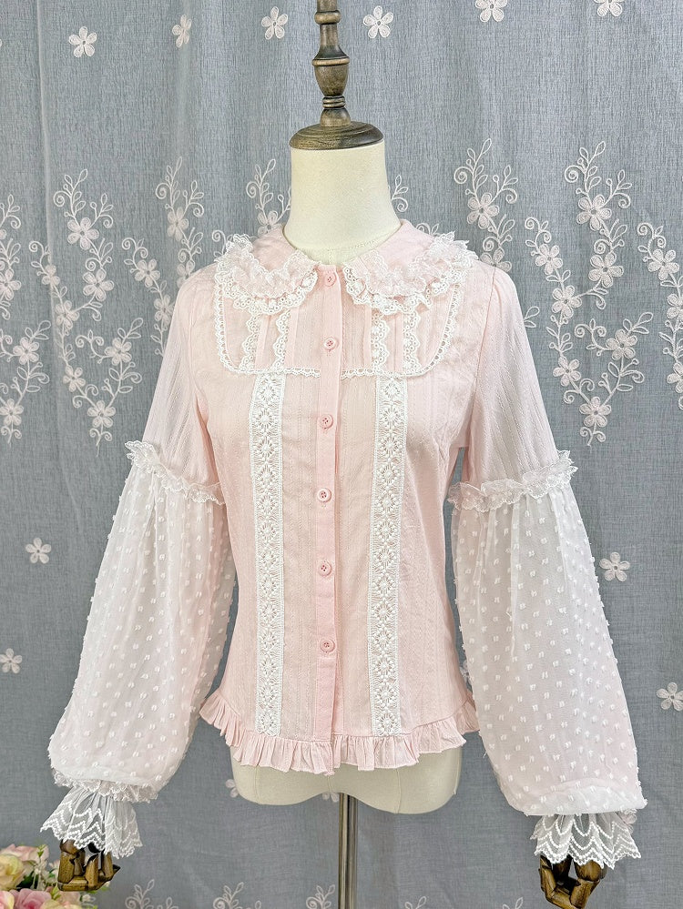 Cotton Blouse Lolita Jacquard Sleeves Long Pink