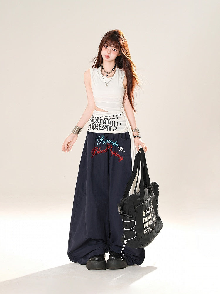 Navy Blue Drawstring Waist Letter Embroidery Wide-leg Casual Pants