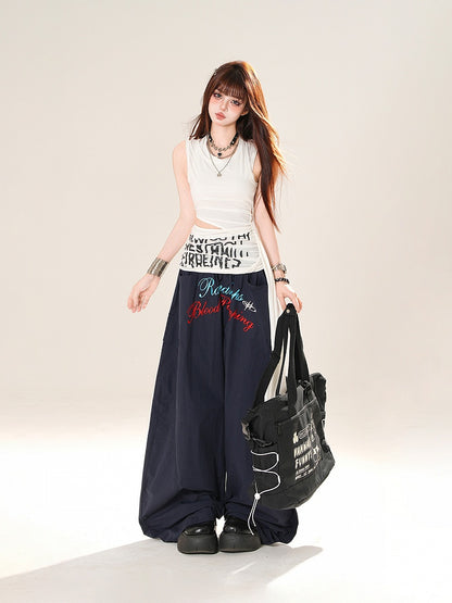 Navy Blue Drawstring Waist Letter Embroidery Wide-leg Casual Pants