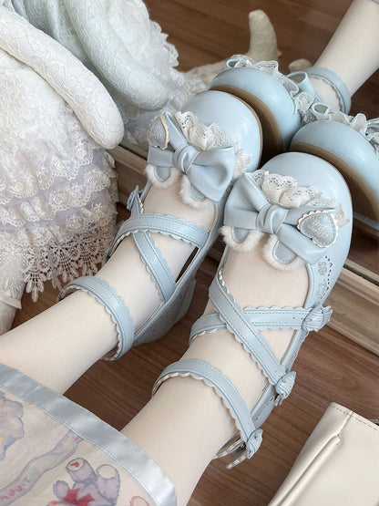 Mary Blue Bow Janes Lolita Decorative Low-heel Hem Scalloped Bear Sweet Ear in Plush PU