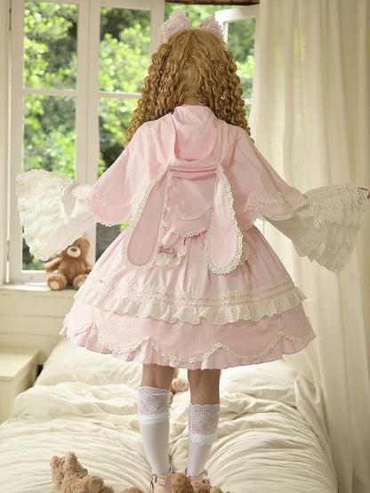 耳付きバニーケープ ピンク フード付き