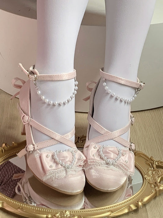 Pink at Top Beads Details Bow High-heel Shoes Sweet Heart Aceents