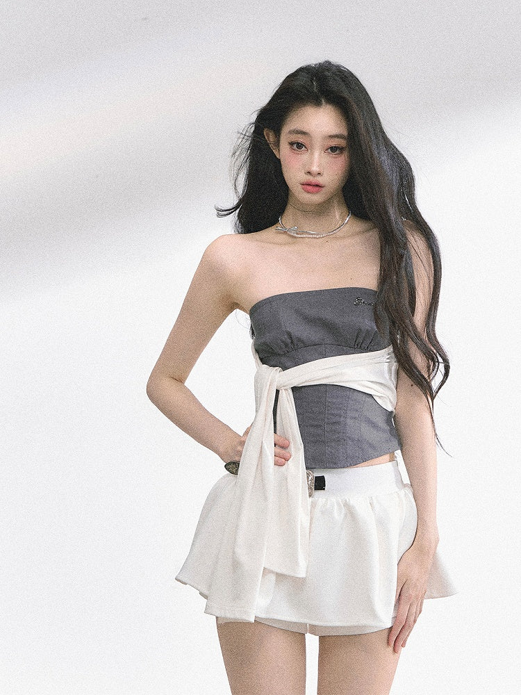 Slim-fitting Straps Top with White Strapless Gray Design Self-tie