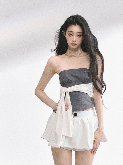 Slim-fitting Straps Top with White Strapless Gray Design Self-tie
