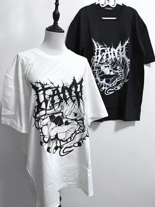 Print T-shirt Kei Girl Jirai Black And Letter Neck Round Cartoon