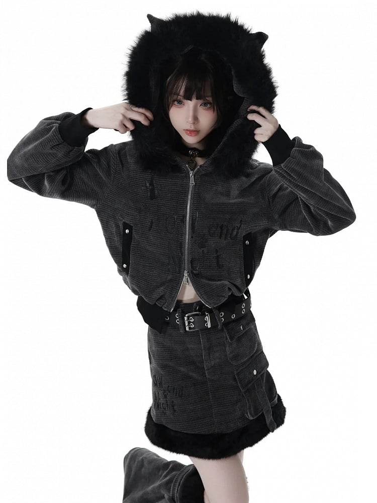 in Ears Jacket Trim Corn Faux Wolf Rib Dark Gray Texture Fur Hooded