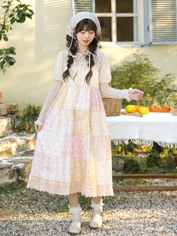 Mori Kei Beige & Pink Tulip Floral Patchwork Summer Dress