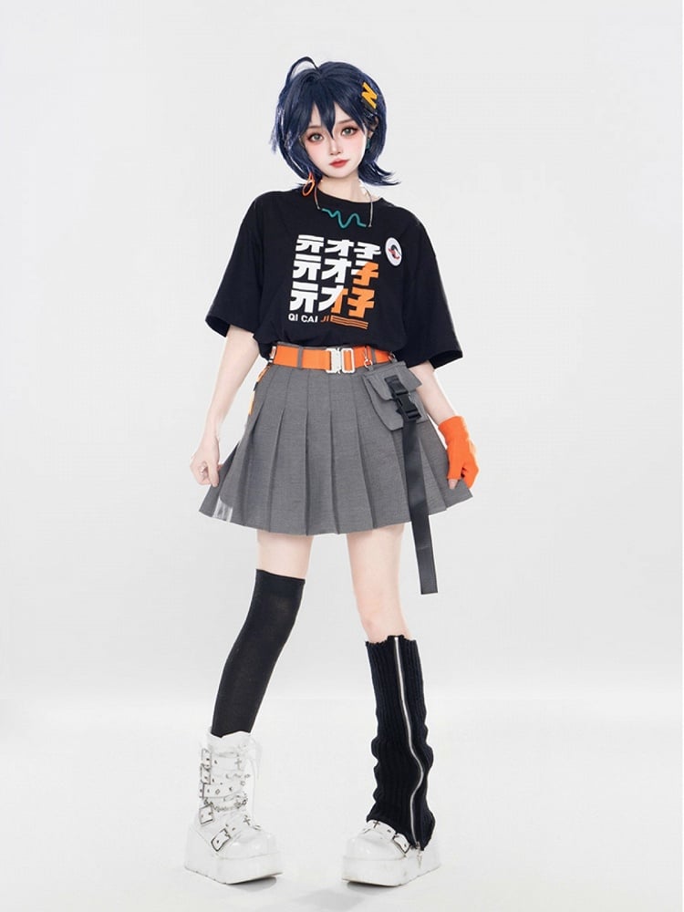 Gray Pleated Skirt With Orange Belt