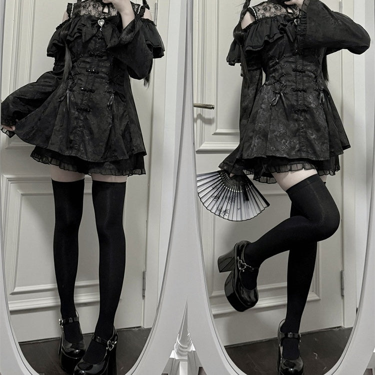 チャイナドレス + イリュージョンジライネックラインミニドレス ボウタイケイショーツセット - ブラックスタイル + ベルスリーブ