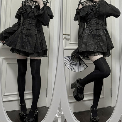 チャイナドレス + イリュージョンジライネックラインミニドレス ボウタイケイショーツセット - ブラックスタイル + ベルスリーブ