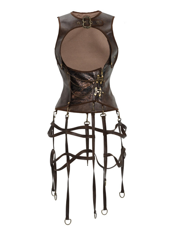 Braune Vintage Steampunk Weste aus Leder Birdcage