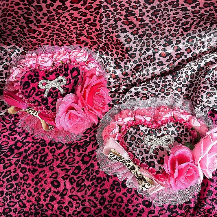 Pink/Rose Showa Ornate in Print Gyaru Hat | Rose Red Leopard Heart Style