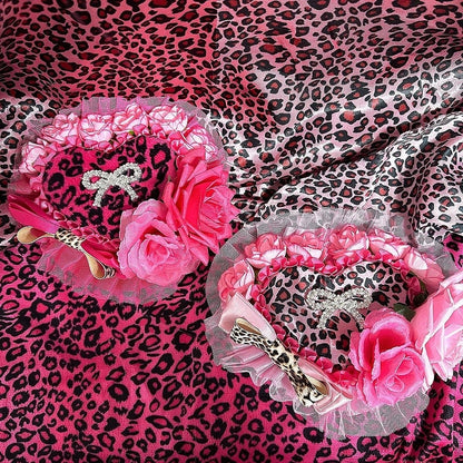 Pink/Rose Showa Ornate in Print Gyaru Hat | Rose Red Leopard Heart Style