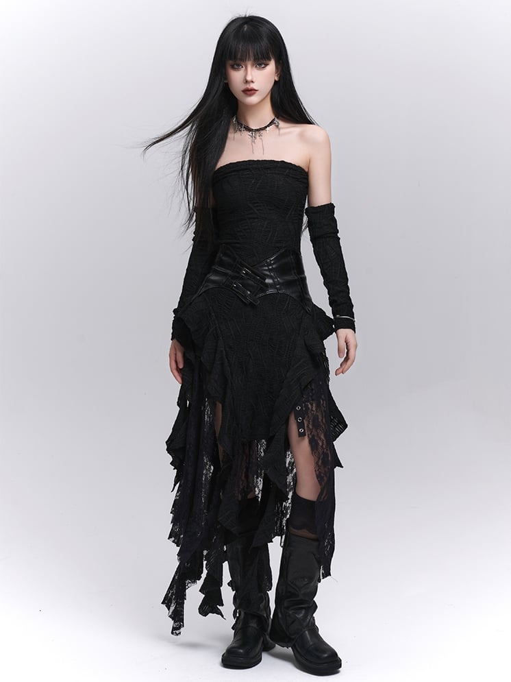 Asymmetrical with Black Free Cascading Ruffles Strapless Dress
