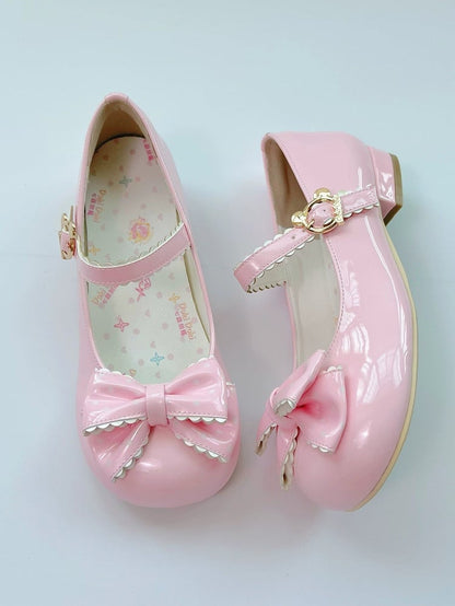 Round Design Bow Pink Pattern Playful Low-heel Bear Mary Sweet with Dot Janes and Lolita Toe Top - Closure