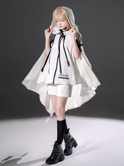 Cape Ouji and Cyberpunk High-low with White Lolita Hem Futuristic Buckle Straps Hooded