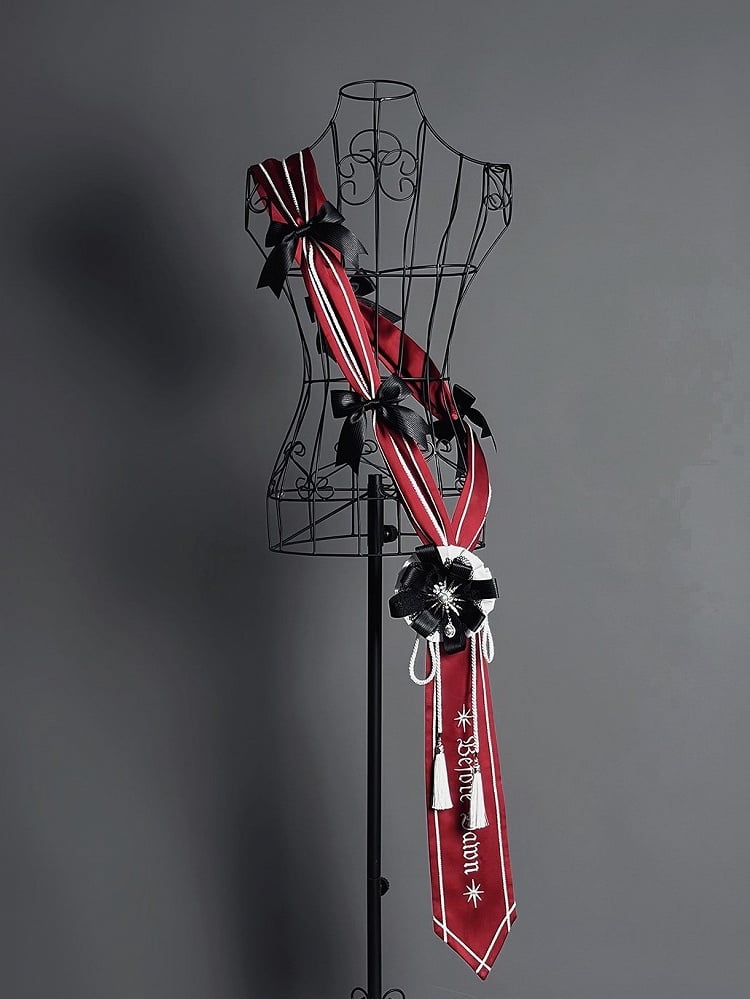 and Lolita Military Bow Black Red Embroidered Sash Motif Striped with