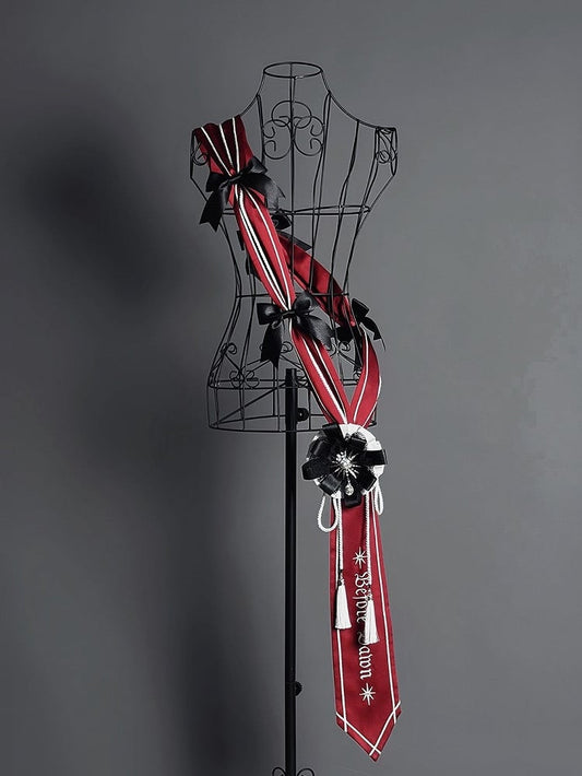 and Lolita Military Bow Black Red Embroidered Sash Motif Striped with