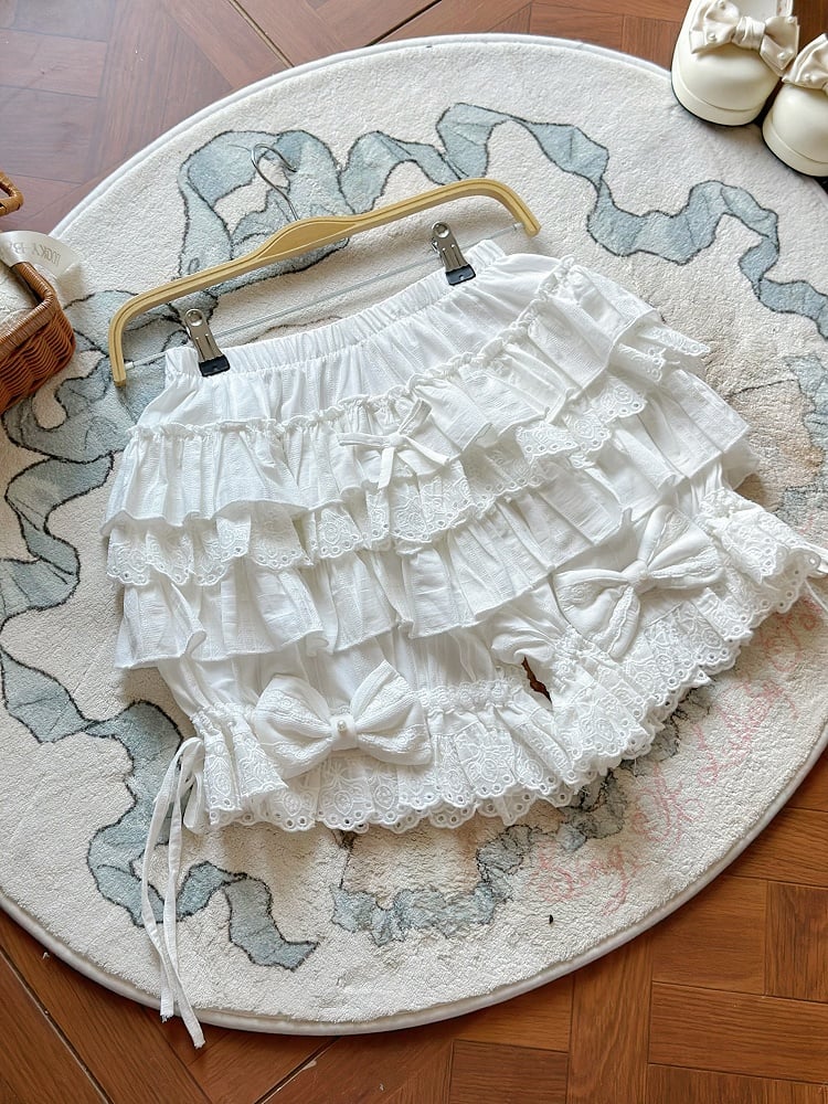 White Lolita Cotton Bloomers Tiered Ruffles Bow Accents - Jelly Girl