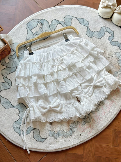 White Lolita Cotton Bloomers Tiered Ruffles Bow Accents - Jelly Girl