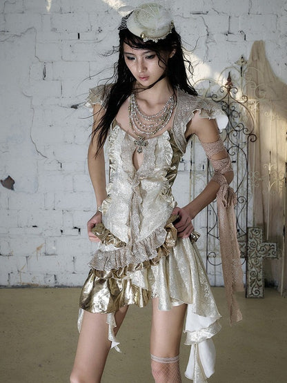 Gold Satin Two-Piece Asymmetrical Dress with Ruffle - NO ROMANCE