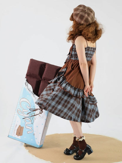 and Dress Asymmetrical Sweet Ruffles Brown Lolita Bow with Accents JSK Blue Plaid