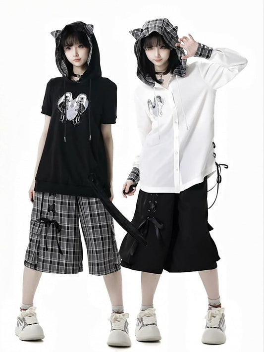 レースアップディテールのワイドレッグショーツ、ウエストはブラック/チェック柄、伸縮性あり