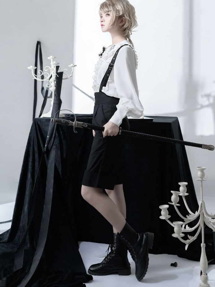 Schwarze Ouji Lolita-Overall-Shorts mit geradem Bein und hoher Taille