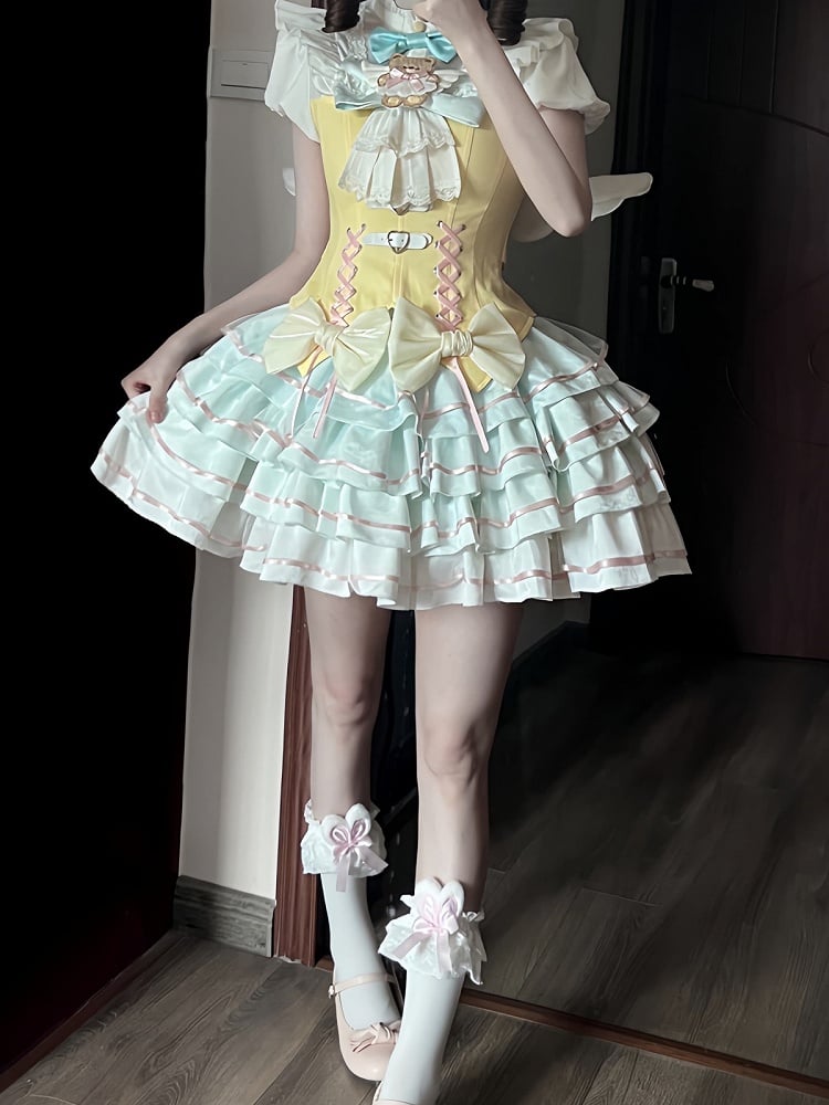 Bear Angel Lolita Full Set: Short-Sleeve Top, Ruffle Skirt, Wings & Bow - Sweet Dream Box