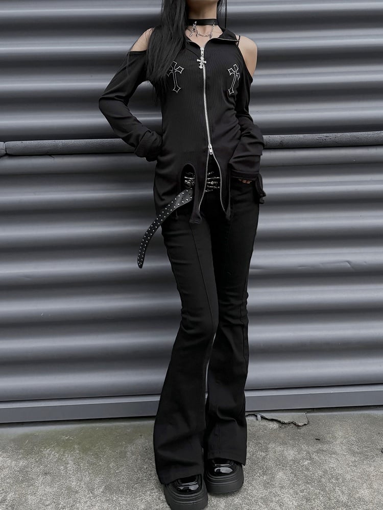 パンクなブラックハイウエストスリムフィットフィッシュテールパンツ、スケルトンハンドバックルベルト付き