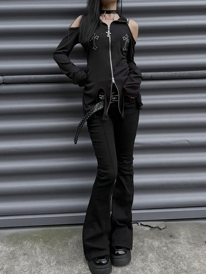 パンクなブラックハイウエストスリムフィットフィッシュテールパンツ、スケルトンハンドバックルベルト付き