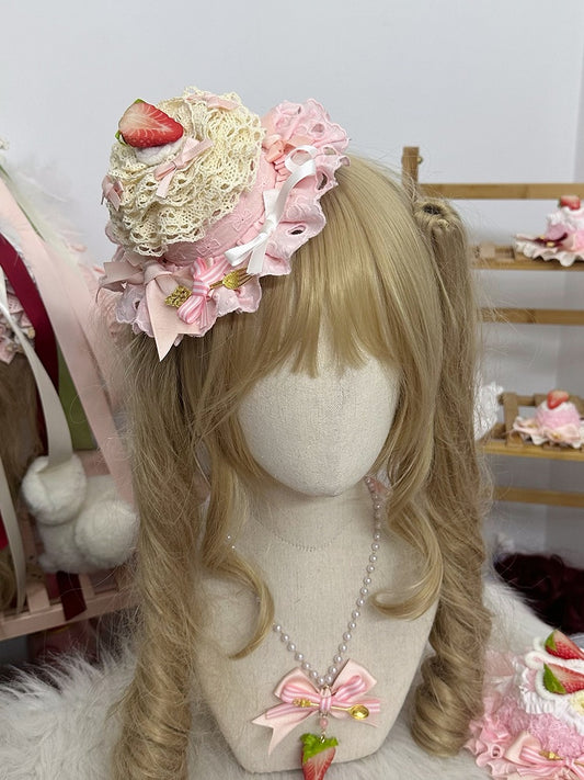 with Pink Lace Strawberry Hat Accents Sweet Mini Cream Lolita Layer