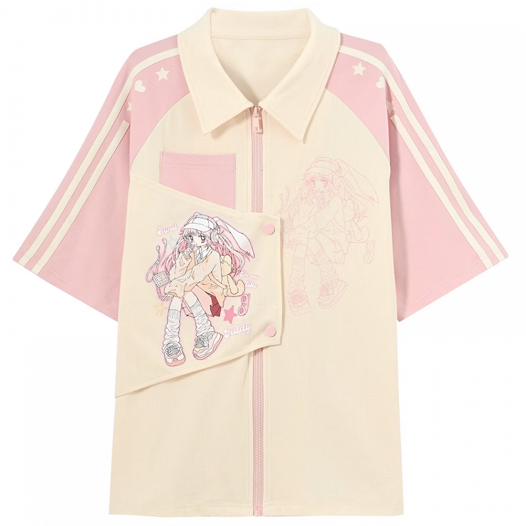 Beige and Pink Colorblock Design Shirt Anime Print Zip Bittersweet Closure Y2K
