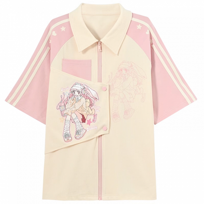 Beige and Pink Colorblock Design Shirt Anime Print Zip Bittersweet Closure Y2K